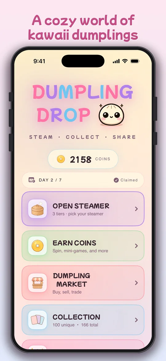 A cozy world of kawaii dumplings — the Dumpling Drop home screen